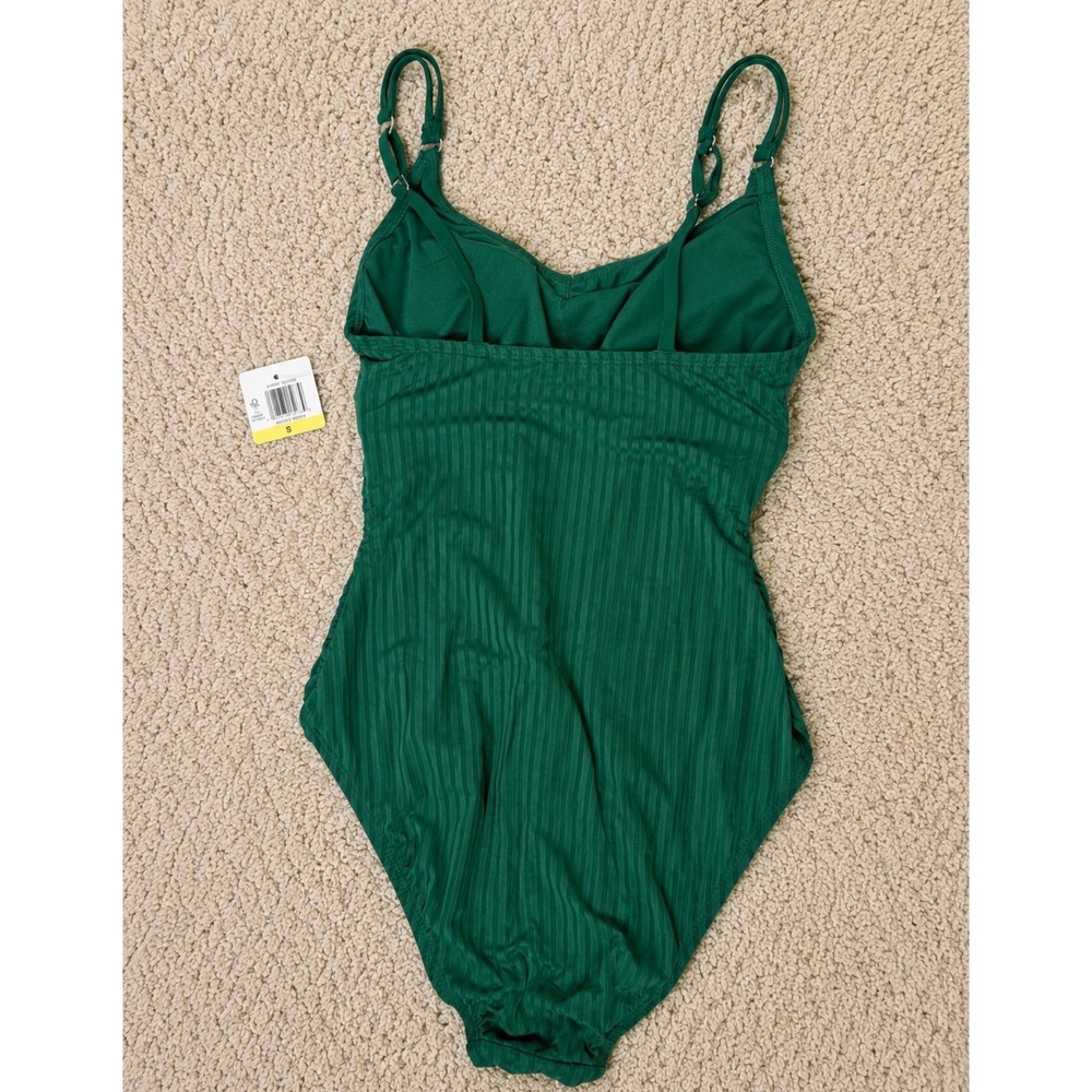 Ellen Tracy One Piece Swimsuit Forest Green Ribbed Ruched Bust Small NWT - Picture 2 of 3